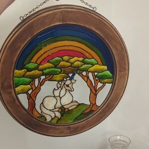 Vintage 1970s Stained Glass Unicorn Rainbow Hanging Panel — Possibly Vitri-Flect
